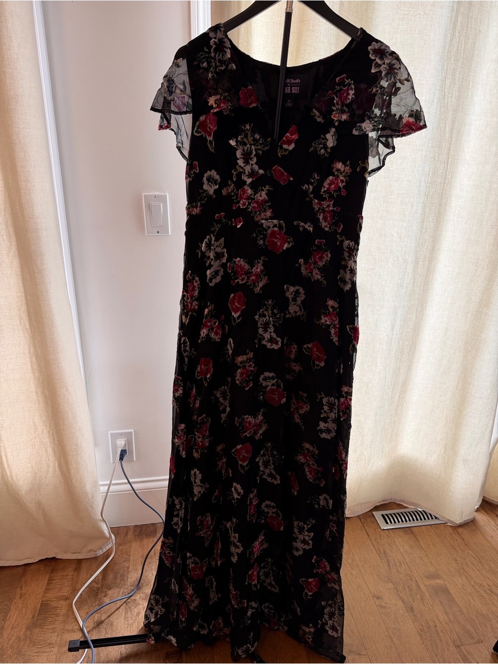 Anna Sui /Modcloth Black Maxi Dress with Black Red Floral Print